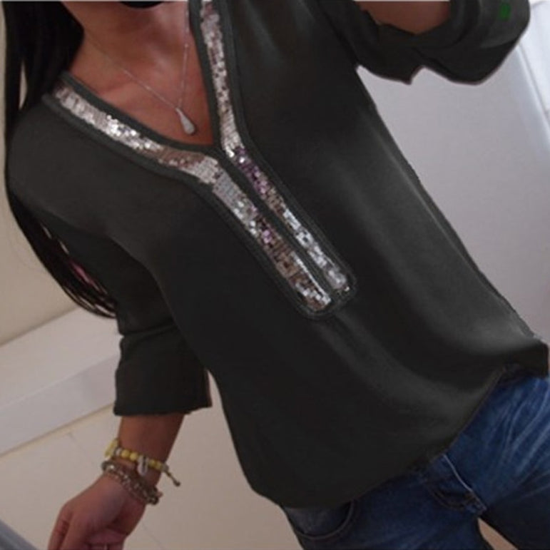 Sexy V-neck Sequins Chiffon Blouse