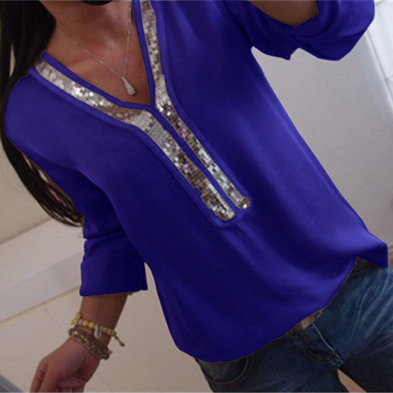 Sexy V-neck Sequins Chiffon Blouse