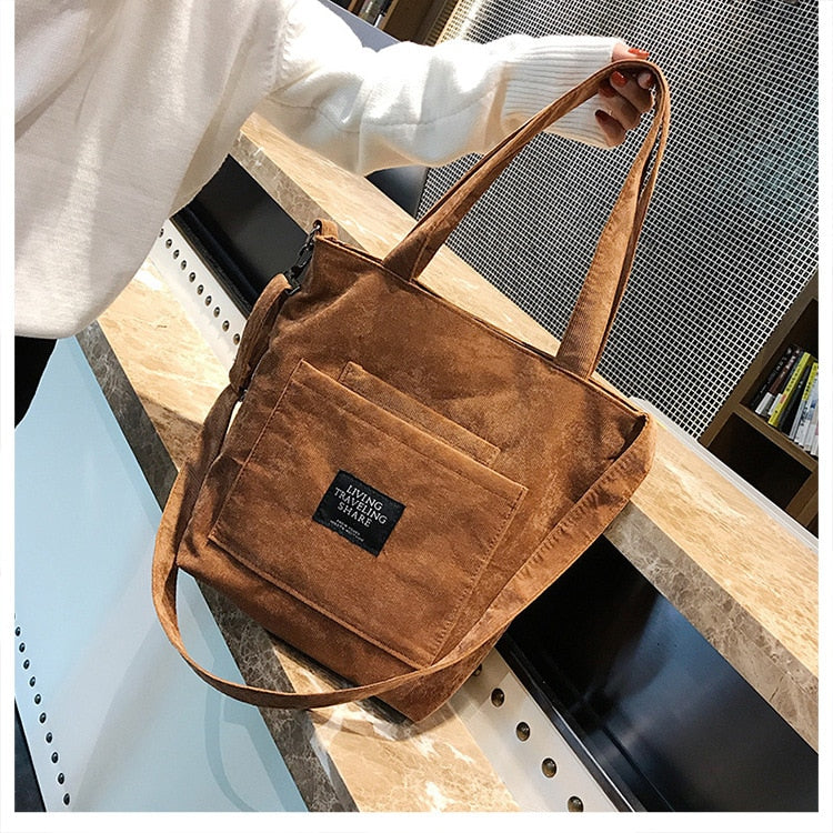 Women Corduroy Zipper Shoulder Bag