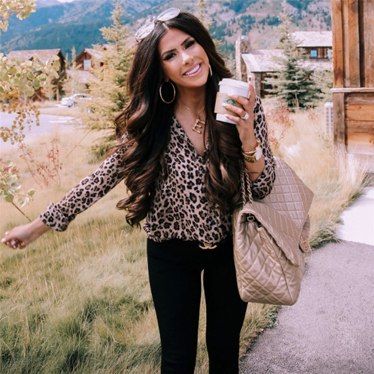 Fashion Women Long Sleeve Leopard Blouse