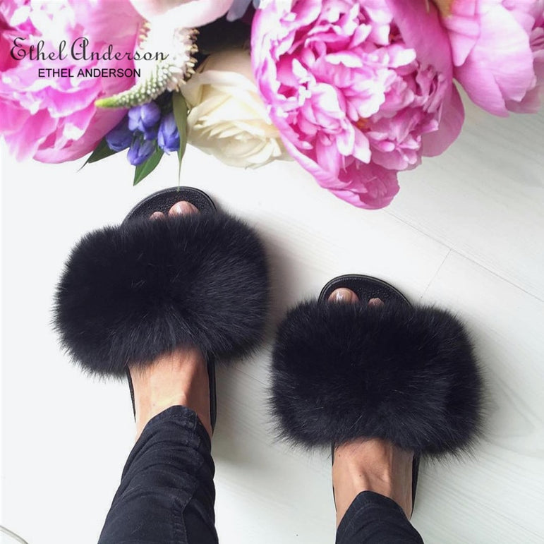 Fluffy Real FOX Fur Slides Indoor Slippers