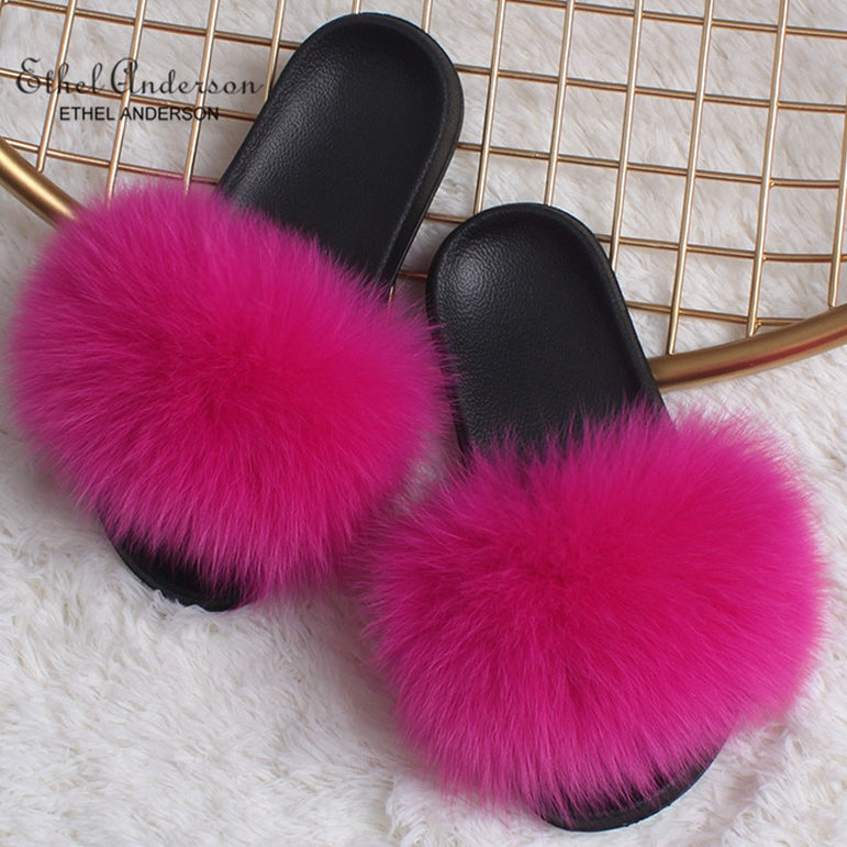 Fluffy Real FOX Fur Slides Indoor Slippers