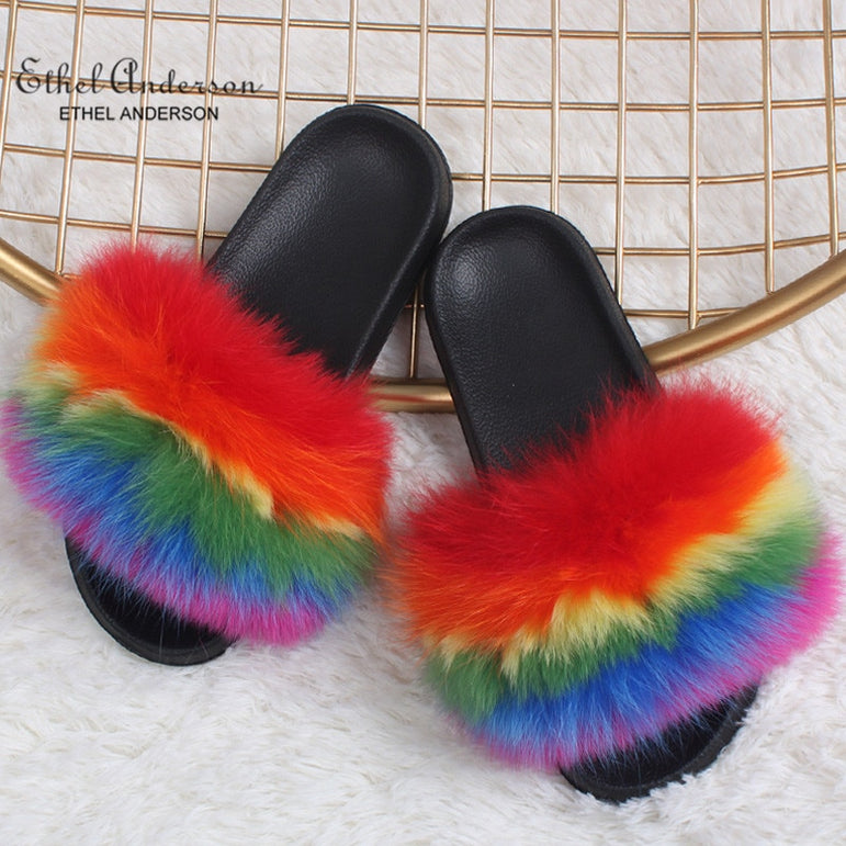 Fluffy Real FOX Fur Slides Indoor Slippers