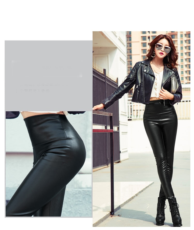 Thin Velvet PU Leather Elastic Stretch Pant