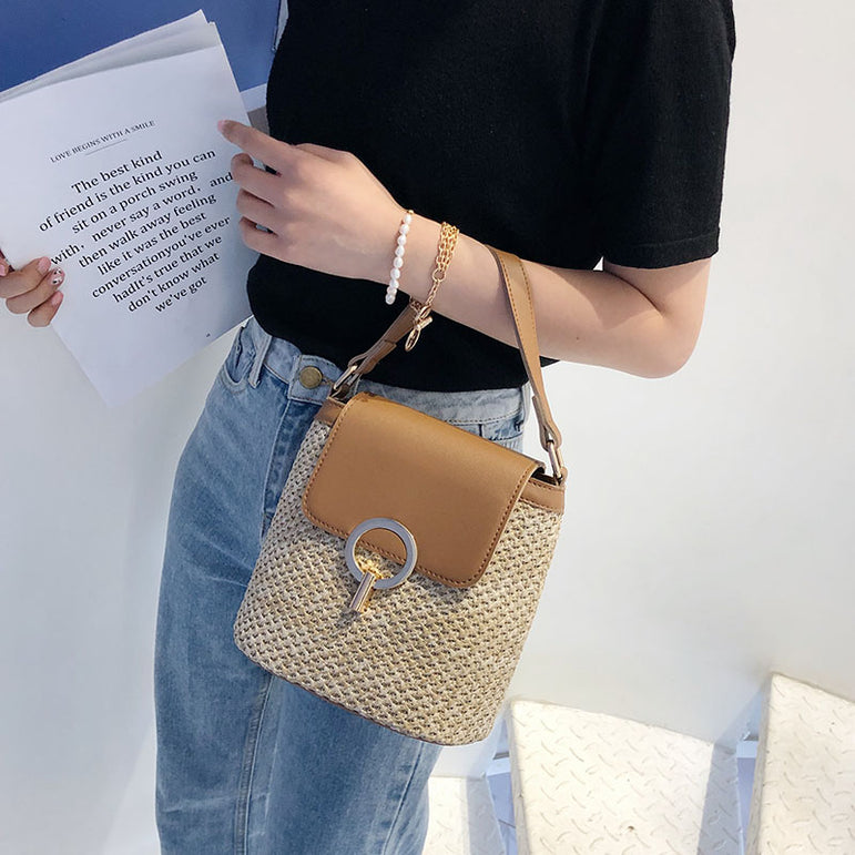 Small Straw Bucket Crossbody Bags