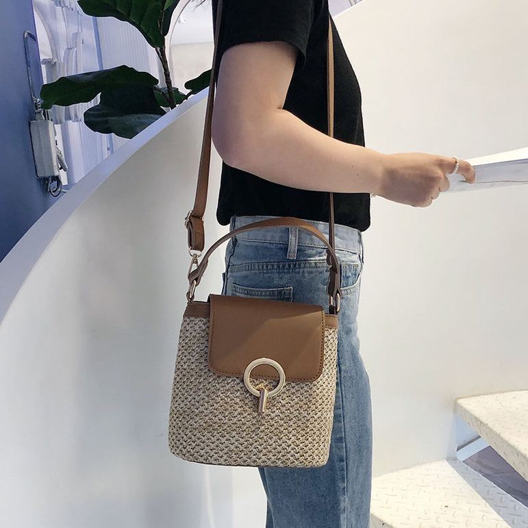 Small Straw Bucket Crossbody Bags