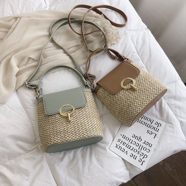 Small Straw Bucket Crossbody Bags