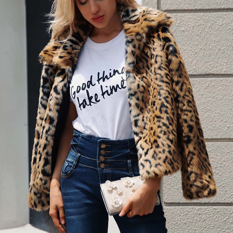 Leopard Faux Fur Coat Women Jacket