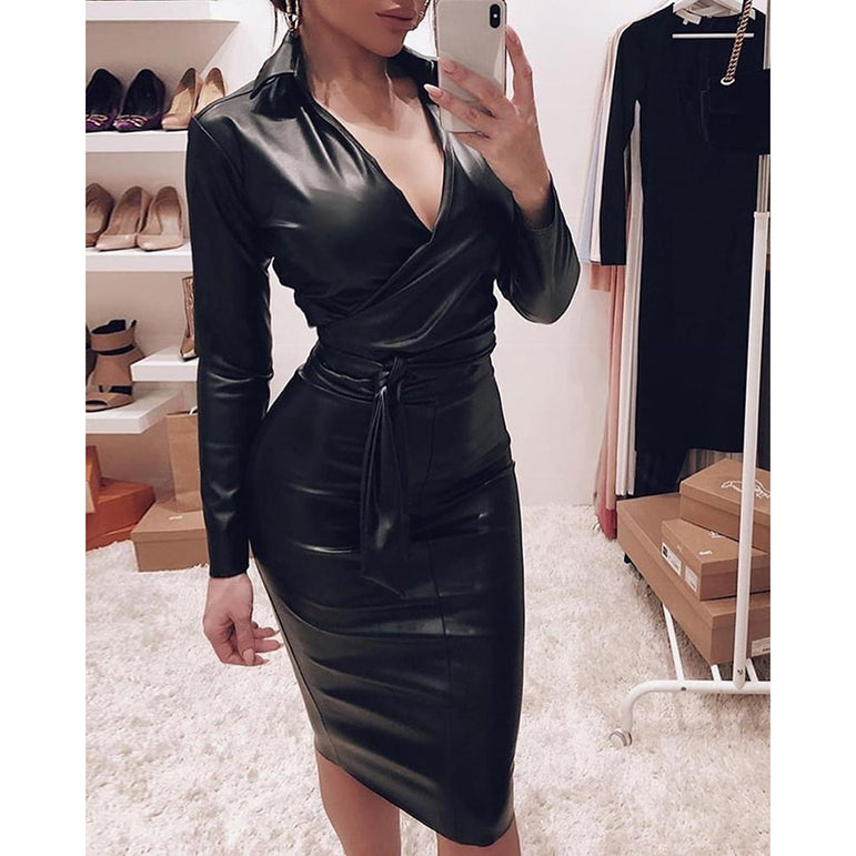 Bodycon Women Sashes PU Leather Dress