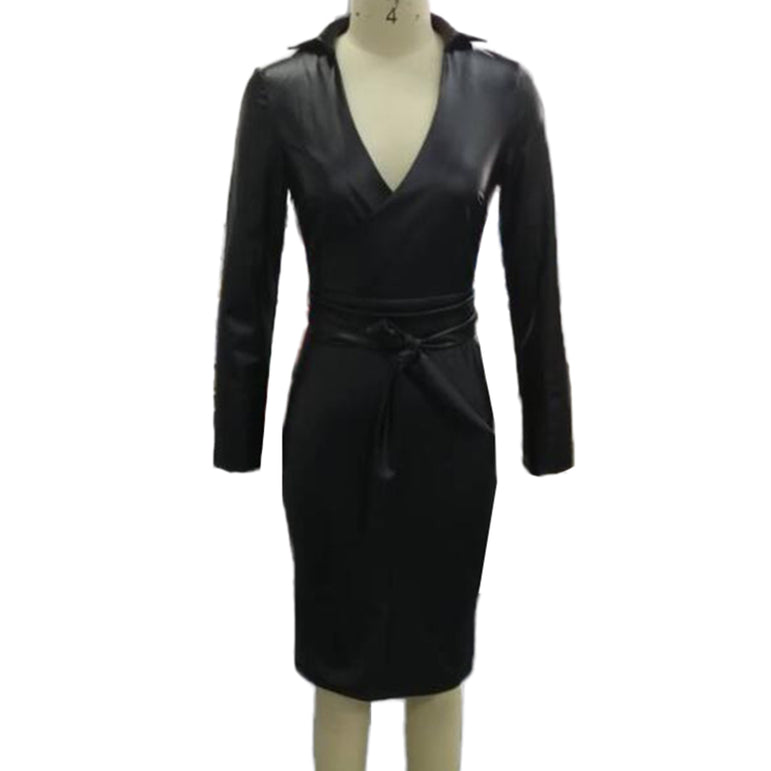 Bodycon Women Sashes PU Leather Dress