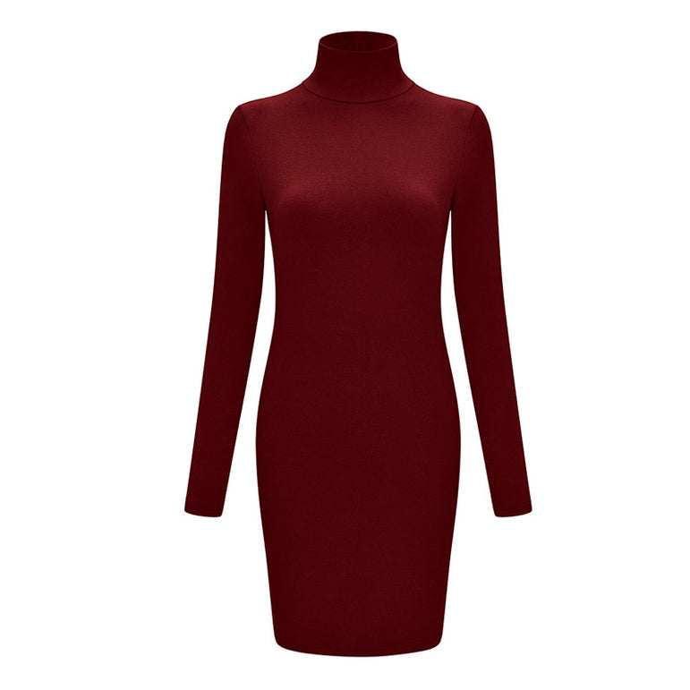 Elegant stand collar long sleeve solid dress