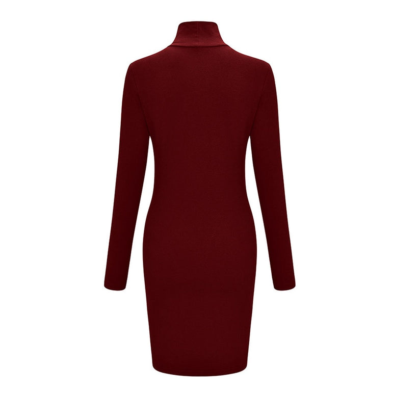 Elegant stand collar long sleeve solid dress