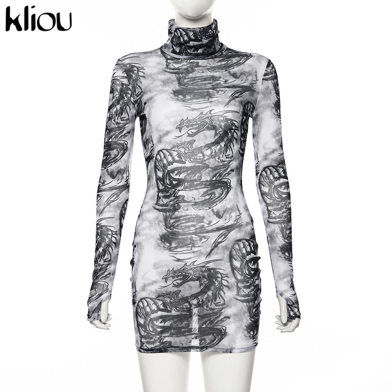 Sexy Mesh Material Print Slim Skinny Dress