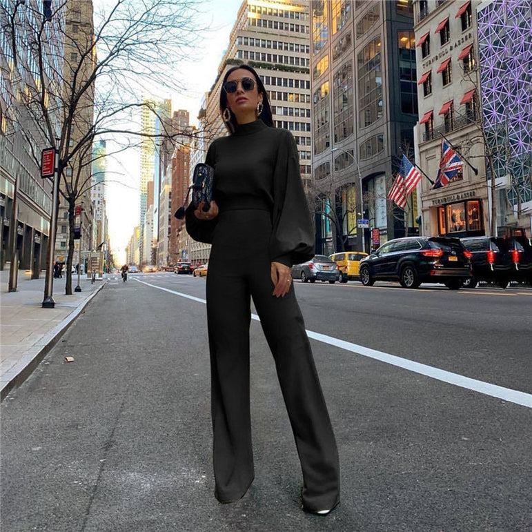 Turtleneck Lantern Sleeve Loose Women Jumpsuit