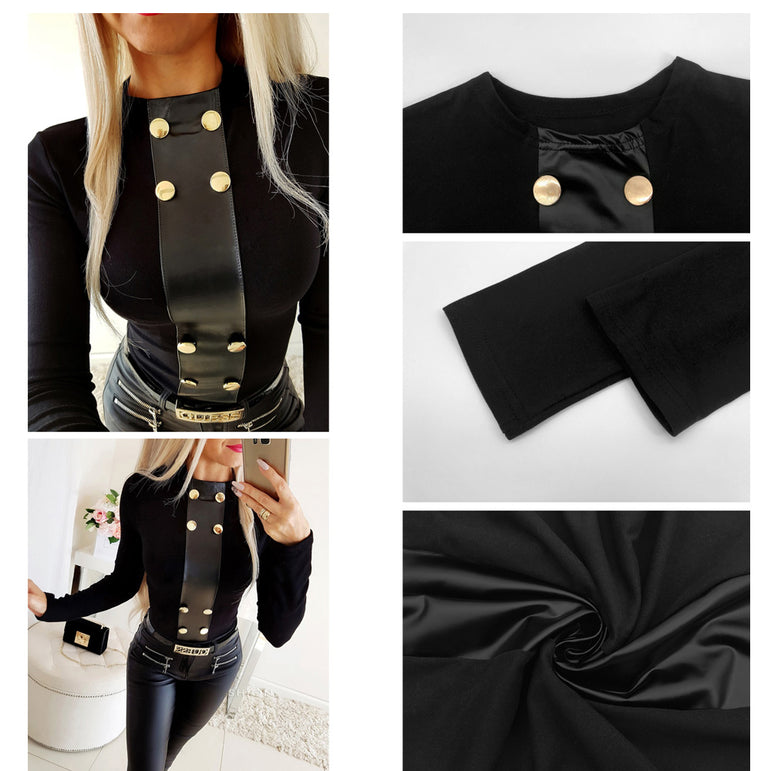 Crew Neck Long Sleeve Button Blouses