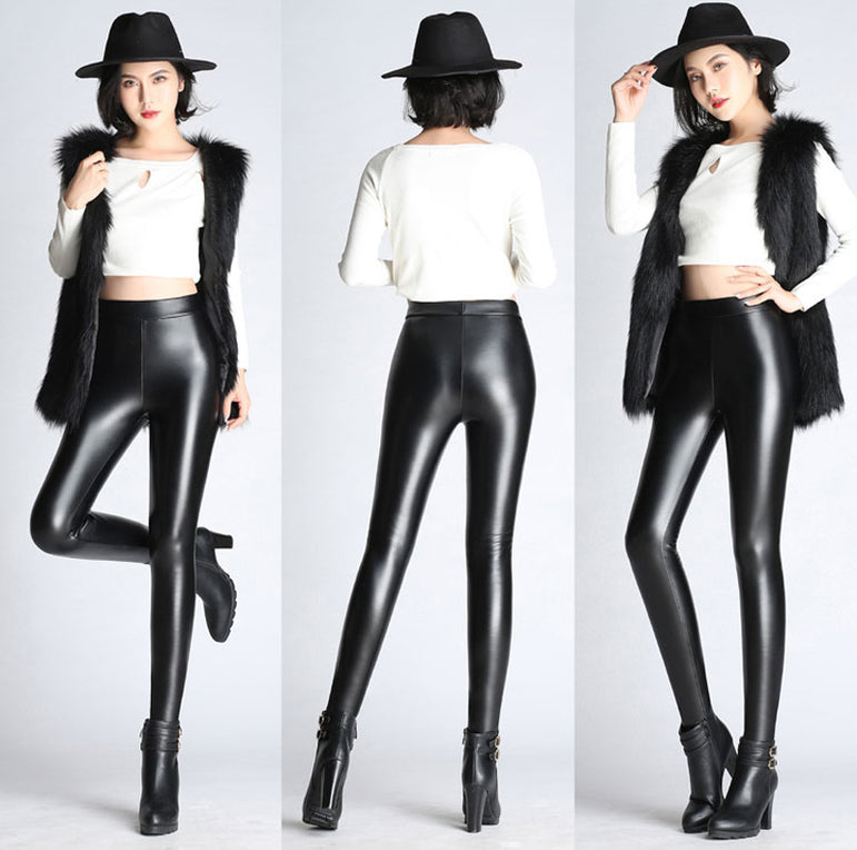 Soft PU Leather Women Velvet Pants