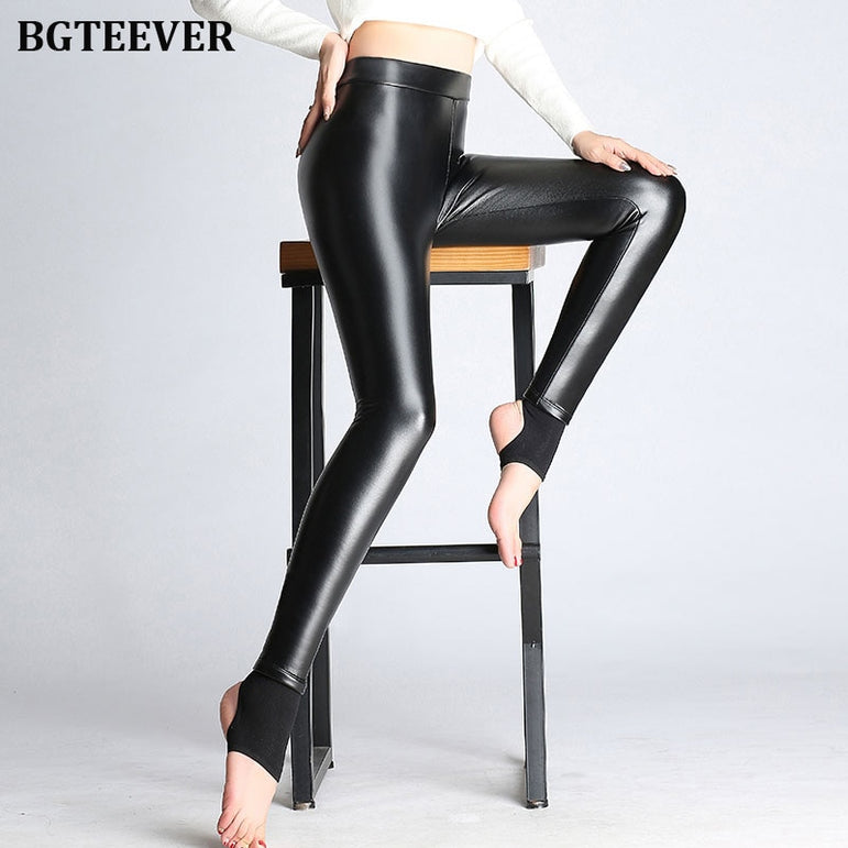 Soft PU Leather Women Velvet Pants