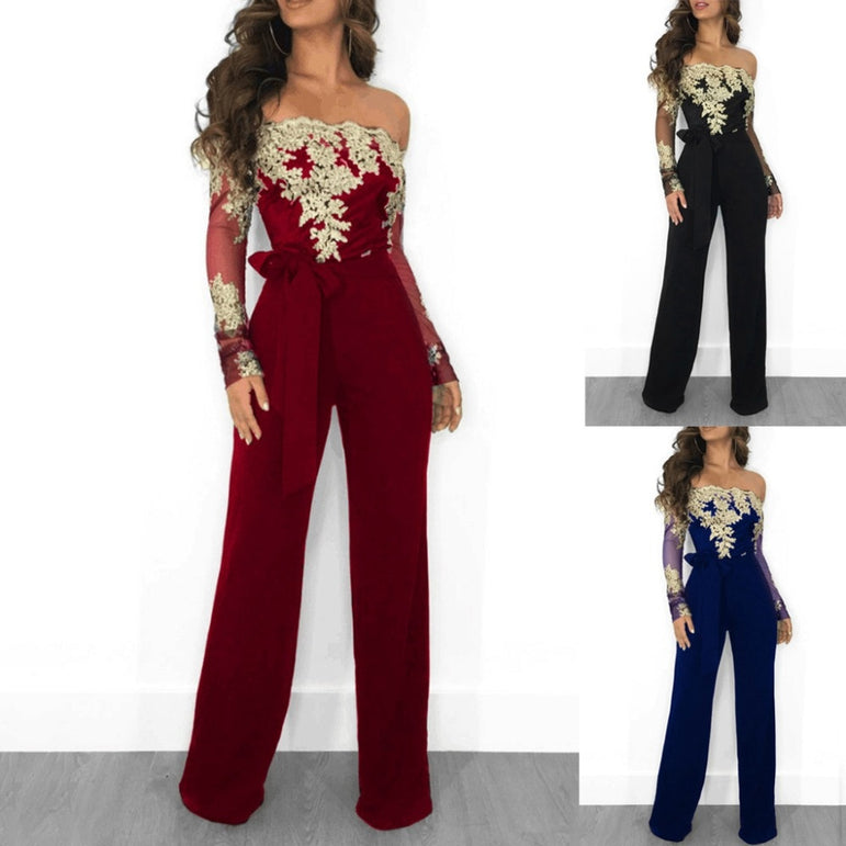 Elegant Rompers Embroidery Lace Sheer Mesh Jumpsuit