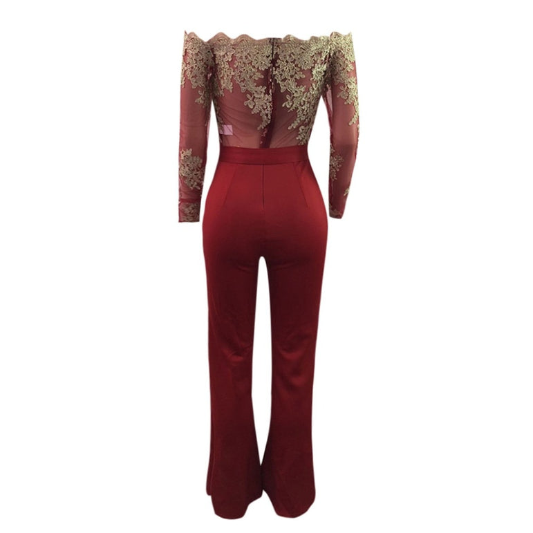 Elegant Rompers Embroidery Lace Sheer Mesh Jumpsuit