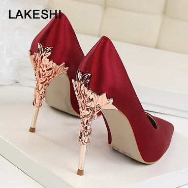 Metal Carved Heels Shoes Women Pumps