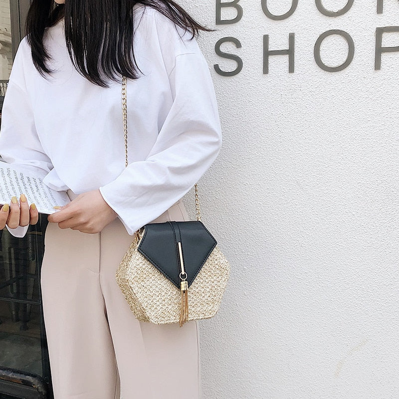 Hexagon Mulit Style Straw+leather Handbag