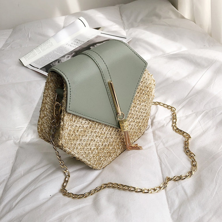 Hexagon Mulit Style Straw+leather Handbag