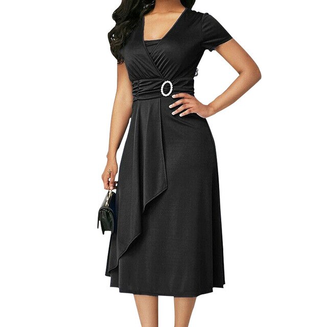 Elegant Women High Waist Plain Asymmetric Dress