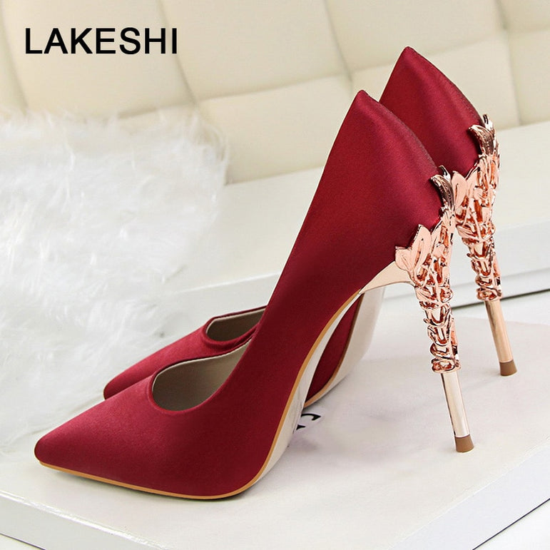 Metal Carved Heels Shoes Women Pumps