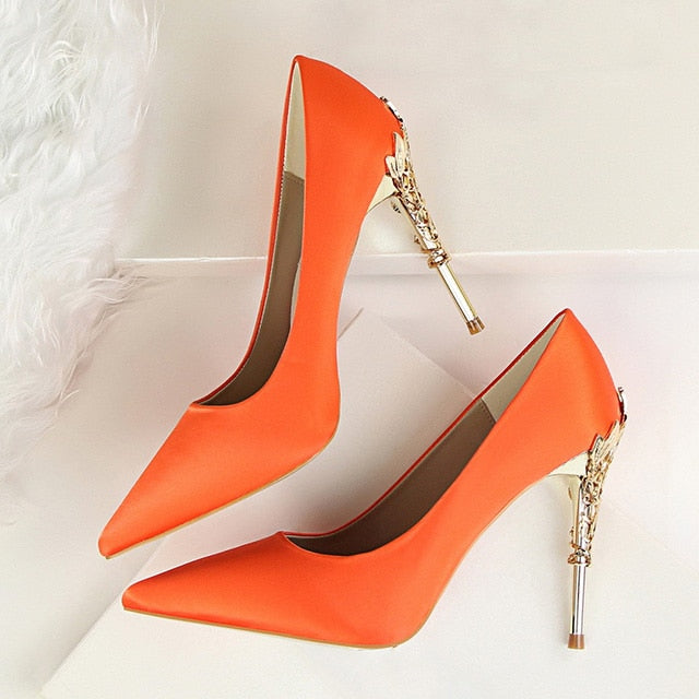 Metal Carved Heels Shoes Women Pumps