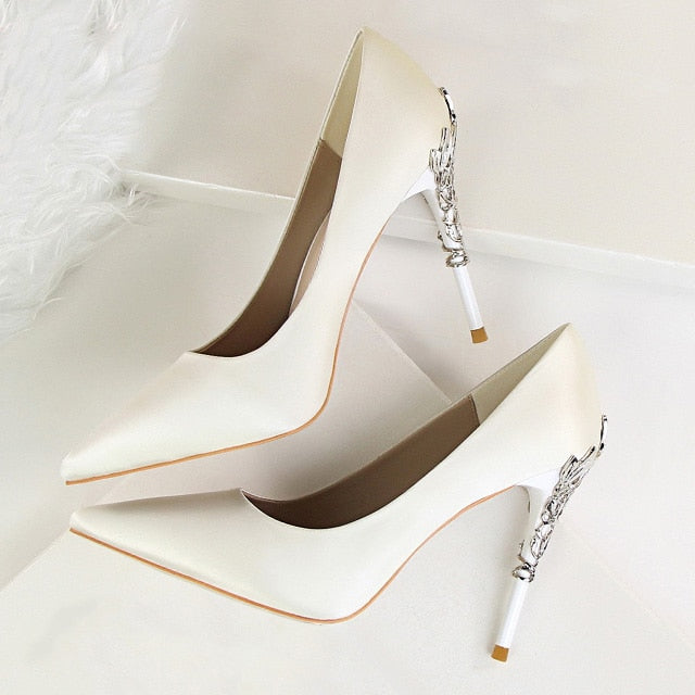 Metal Carved Heels Shoes Women Pumps