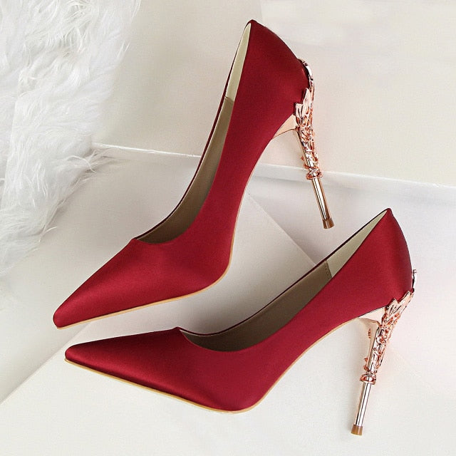 Metal Carved Heels Shoes Women Pumps