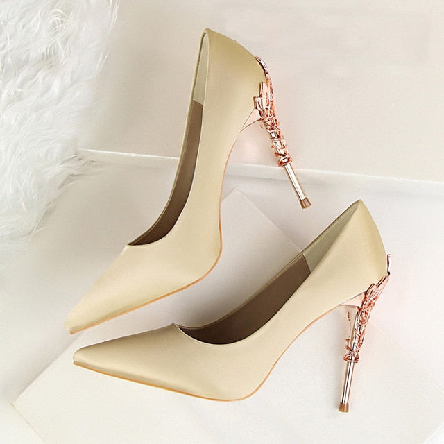 Metal Carved Heels Shoes Women Pumps