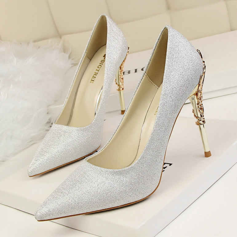 Metal Carved Heels Shoes Women Pumps