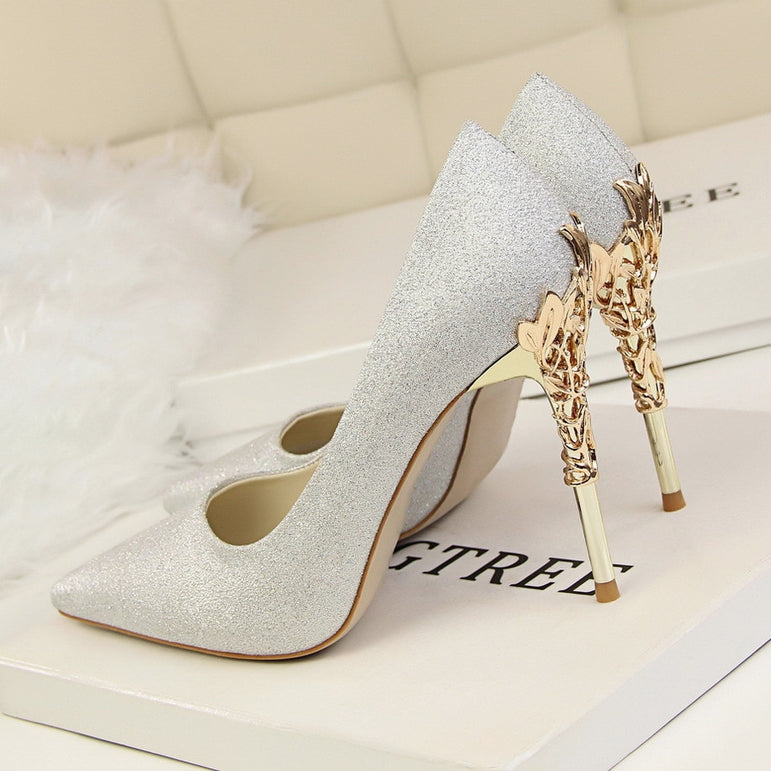 Metal Carved Heels Shoes Women Pumps