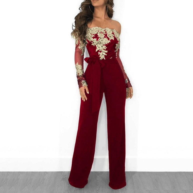 Elegant Rompers Embroidery Lace Sheer Mesh Jumpsuit