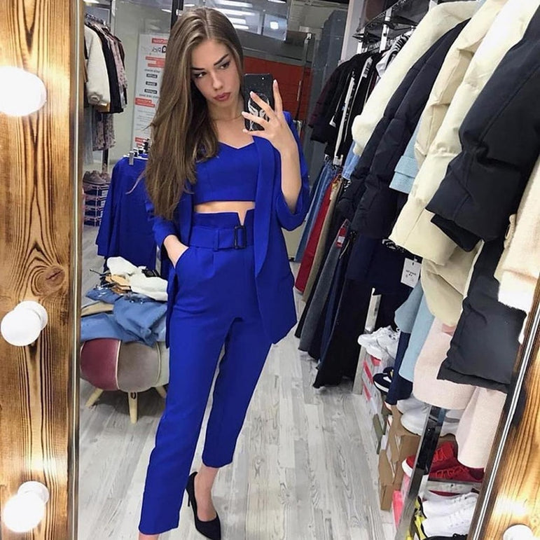 Office Ladies Solid Set Women Pants Suits