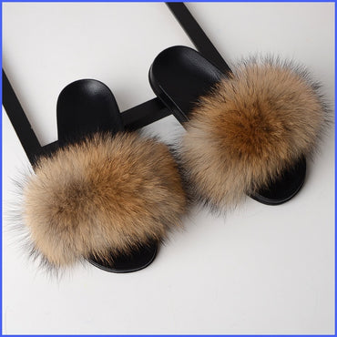 Real Fox Fur Slides Home Furry Flat Slippers