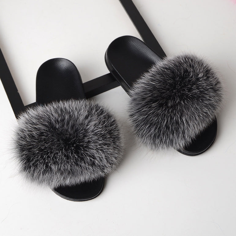 Real Fox Fur Slides Home Furry Flat Slippers