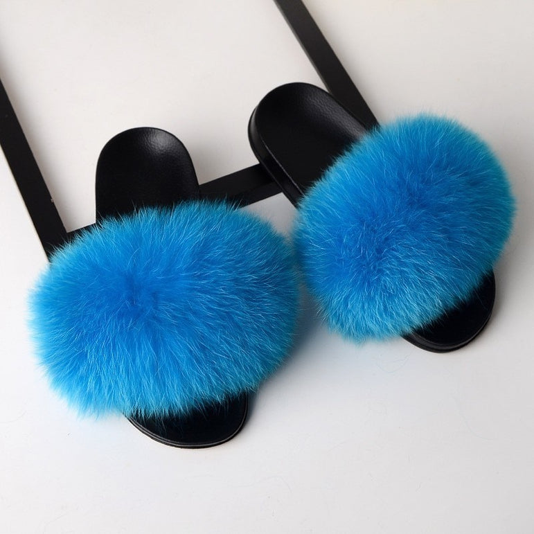 Real Fox Fur Slides Home Furry Flat Slippers