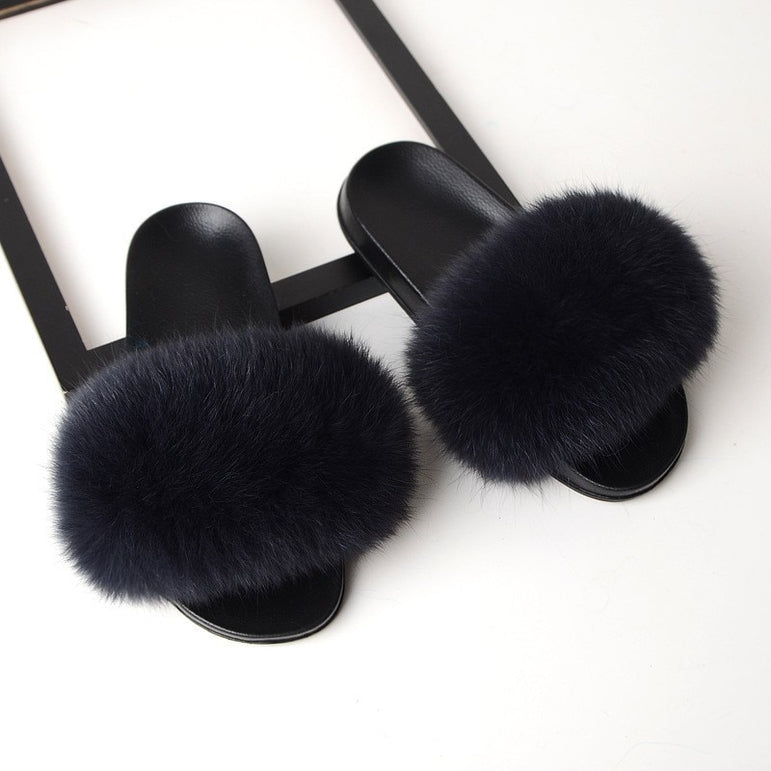 Real Fox Fur Slides Home Furry Flat Slippers