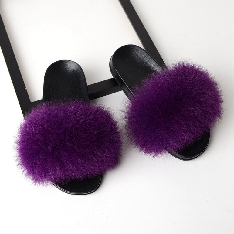 Real Fox Fur Slides Home Furry Flat Slippers