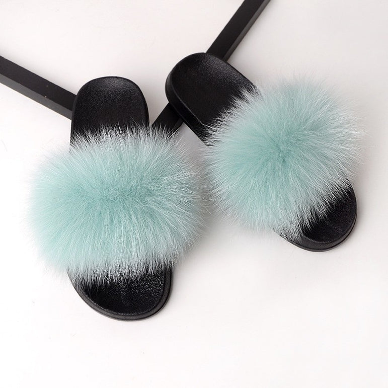 Real Fox Fur Slides Home Furry Flat Slippers