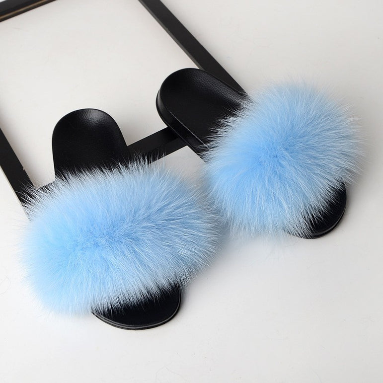 Real Fox Fur Slides Home Furry Flat Slippers