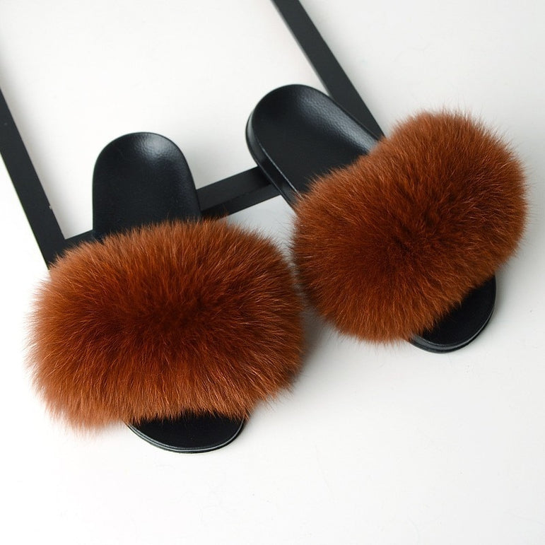 Real Fox Fur Slides Home Furry Flat Slippers