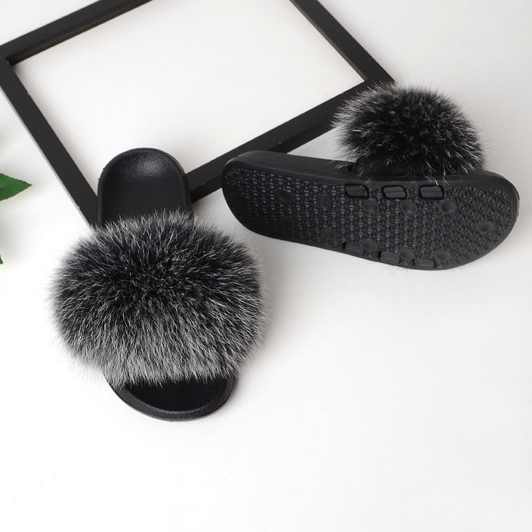 Real Fox Fur Slides Home Furry Flat Slippers