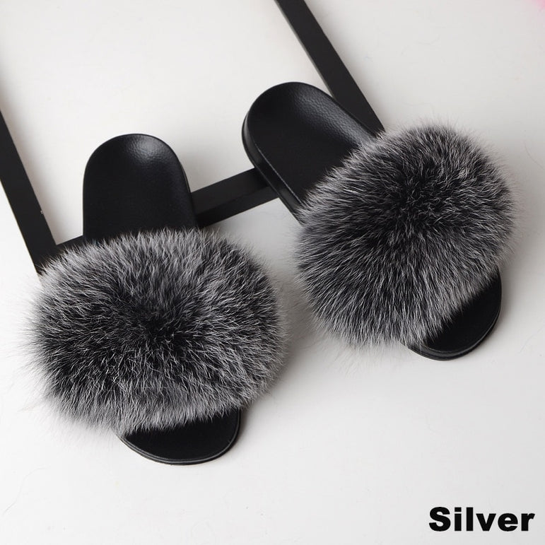 Real Fox Fur Slides Home Furry Flat Slippers