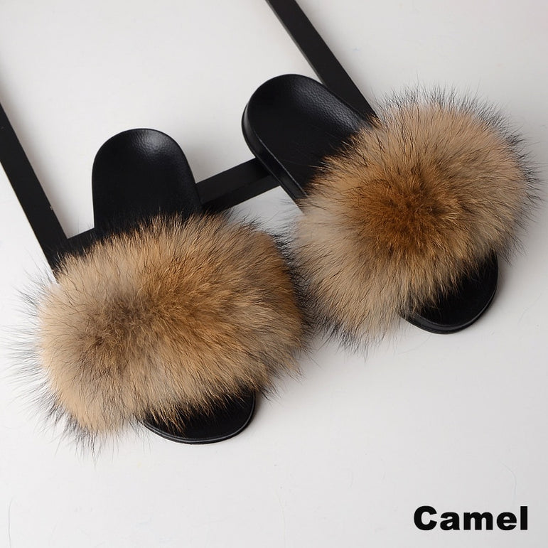 Real Fox Fur Slides Home Furry Flat Slippers