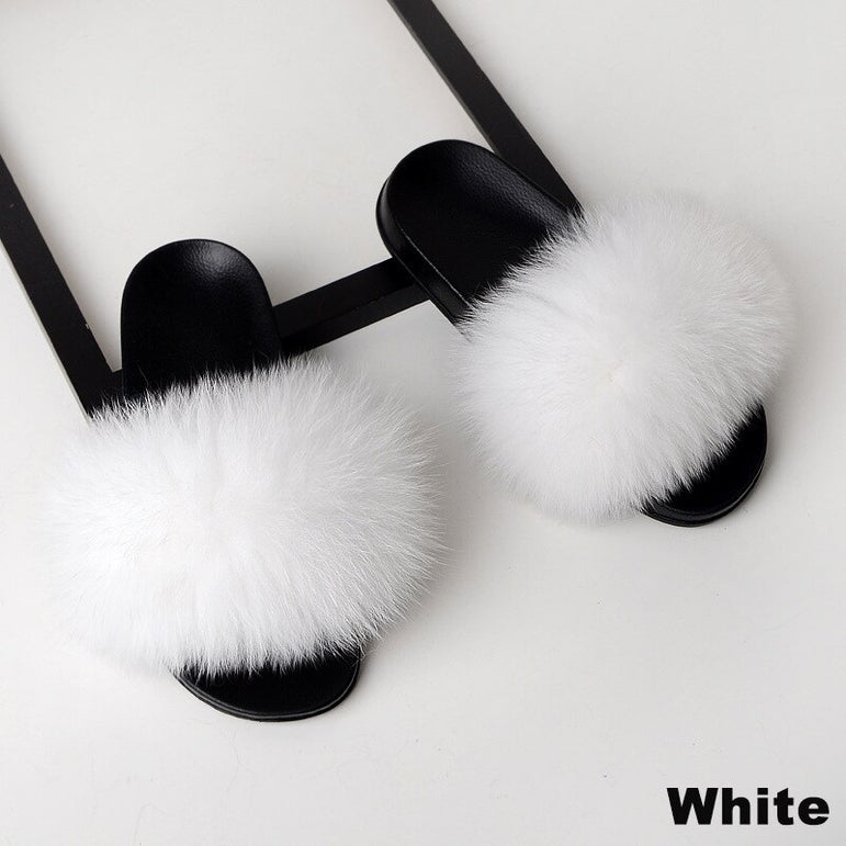 Real Fox Fur Slides Home Furry Flat Slippers