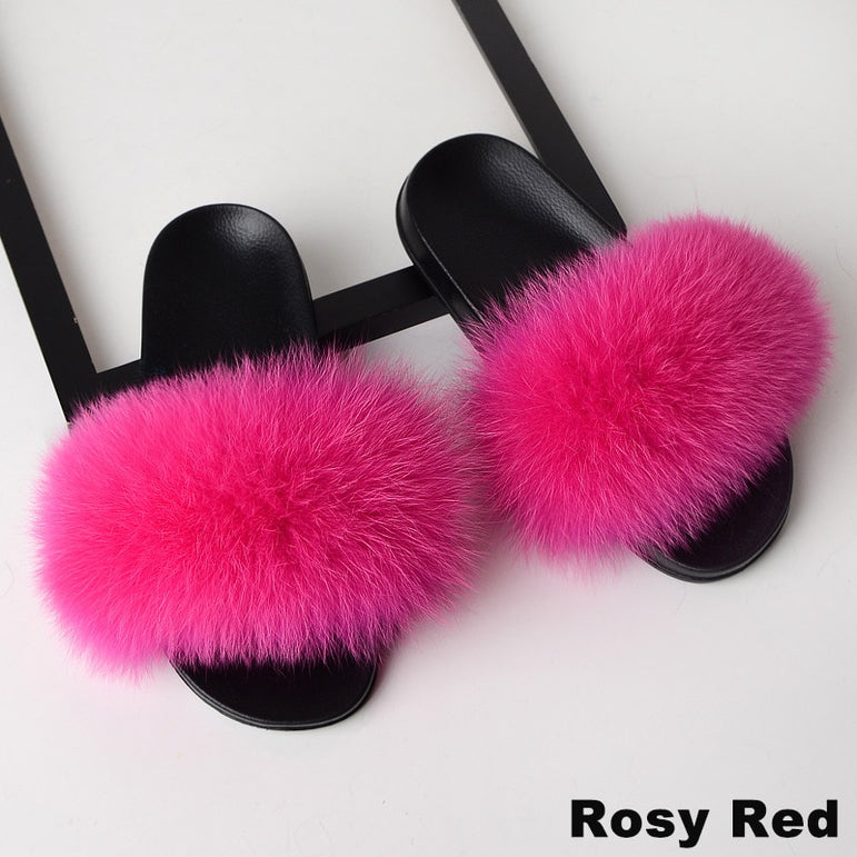 Real Fox Fur Slides Home Furry Flat Slippers