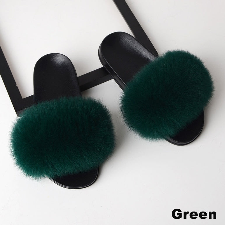 Real Fox Fur Slides Home Furry Flat Slippers